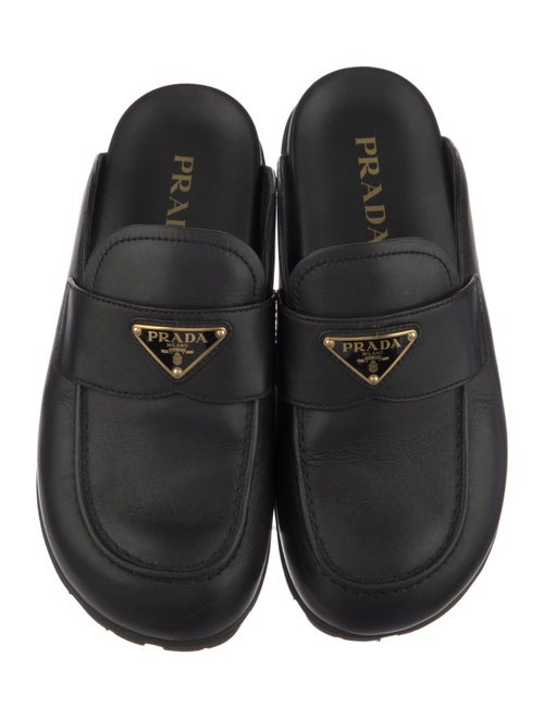 Prada Enameled Metal Triangle Leather Mules