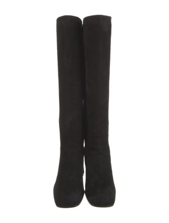 Prada Enameled Metal Triangle Suede Boots