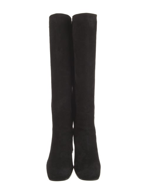 Prada Enameled Metal Triangle Suede Boots