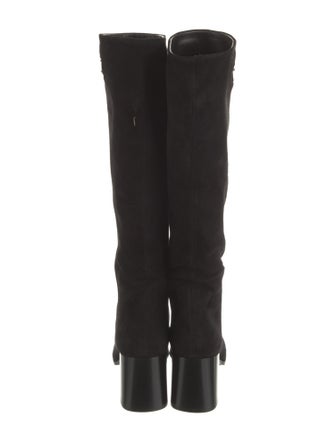 Prada Enameled Metal Triangle Suede Boots