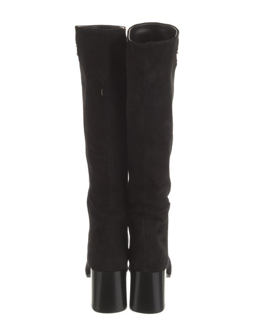 Prada Enameled Metal Triangle Suede Boots