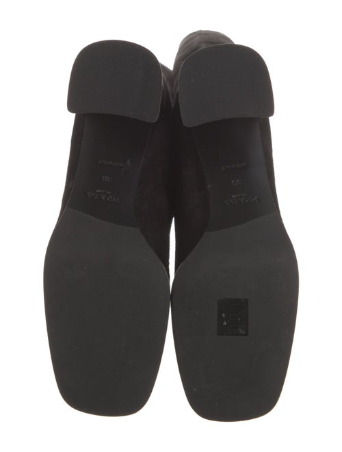 Prada Enameled Metal Triangle Suede Boots