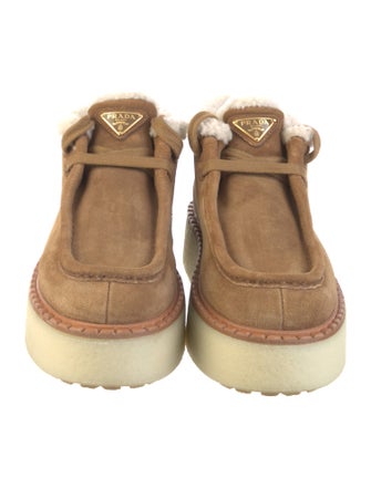 Prada Enameled Metal Triangle Suede Lace-Up Boots
