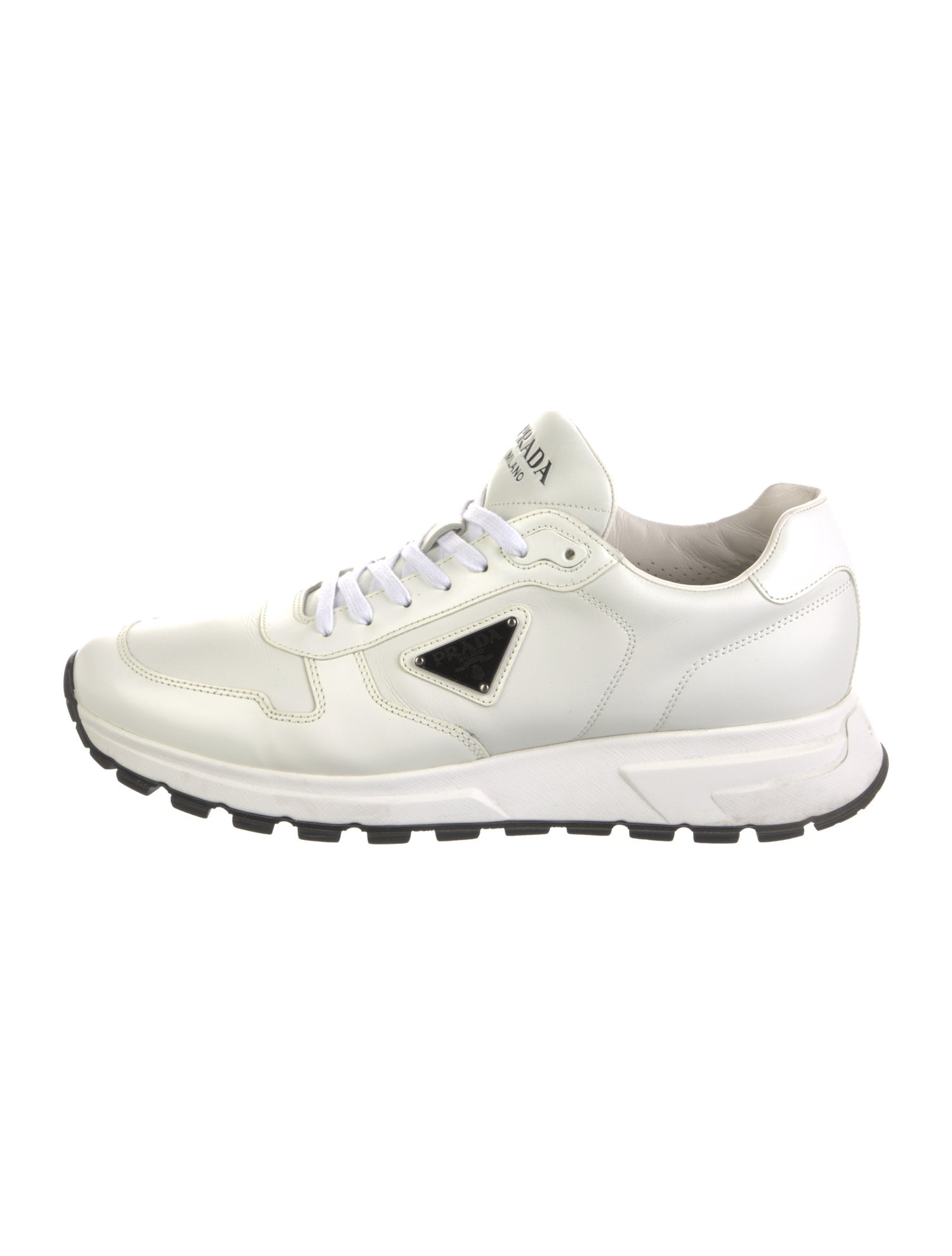 Prada Enameled Metal Triangle Leather Sneakers