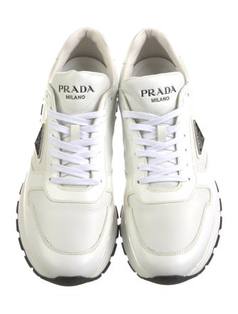 Prada Enameled Metal Triangle Leather Sneakers
