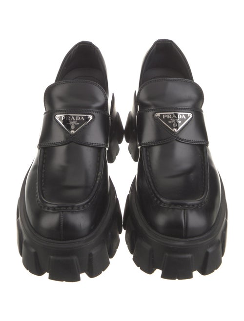 Prada Enameled Metal Triangle Leather Pumps