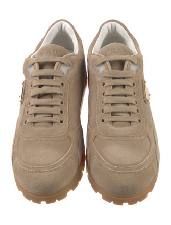 Prada Enameled Metal Triangle Suede Sneakers