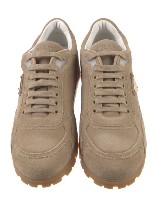 Prada Enameled Metal Triangle Suede Sneakers