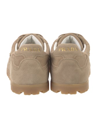 Prada Enameled Metal Triangle Suede Sneakers