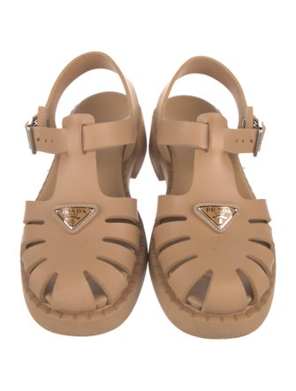 Prada Enameled Metal Triangle Rubber T-Strap Sandals