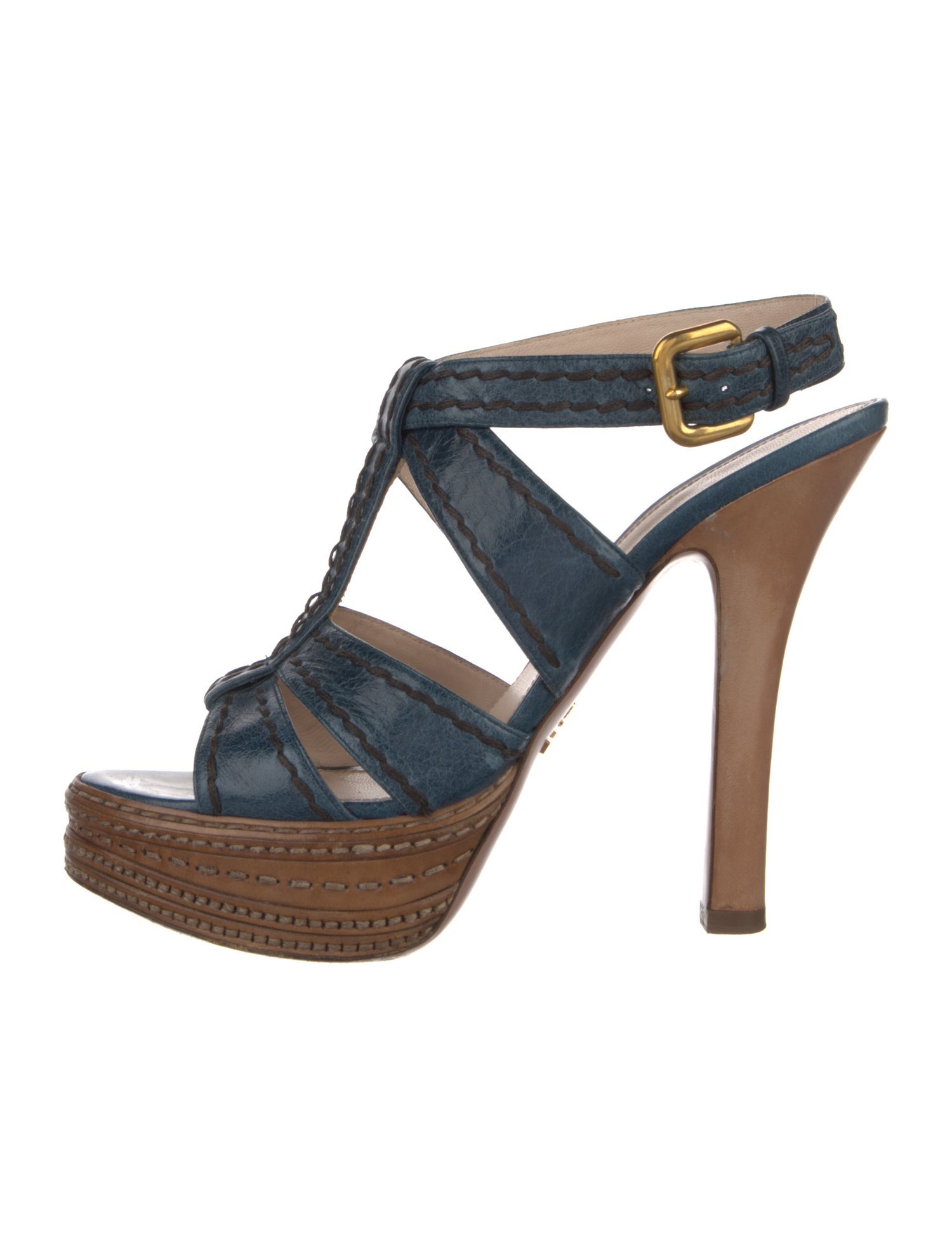 Prada Leather Embroidered Accent T-Strap Sandals