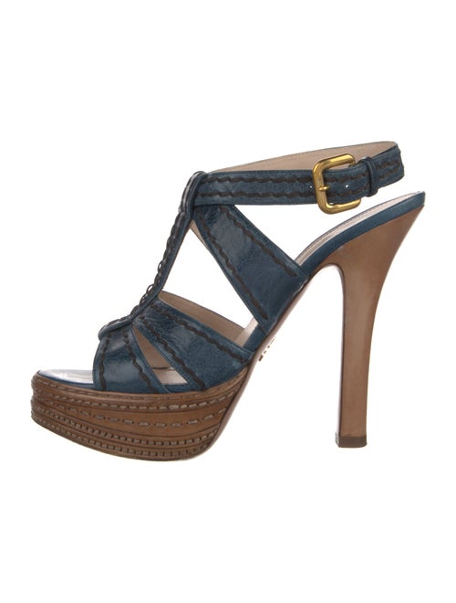 Prada Leather Embroidered Accent T-Strap Sandals