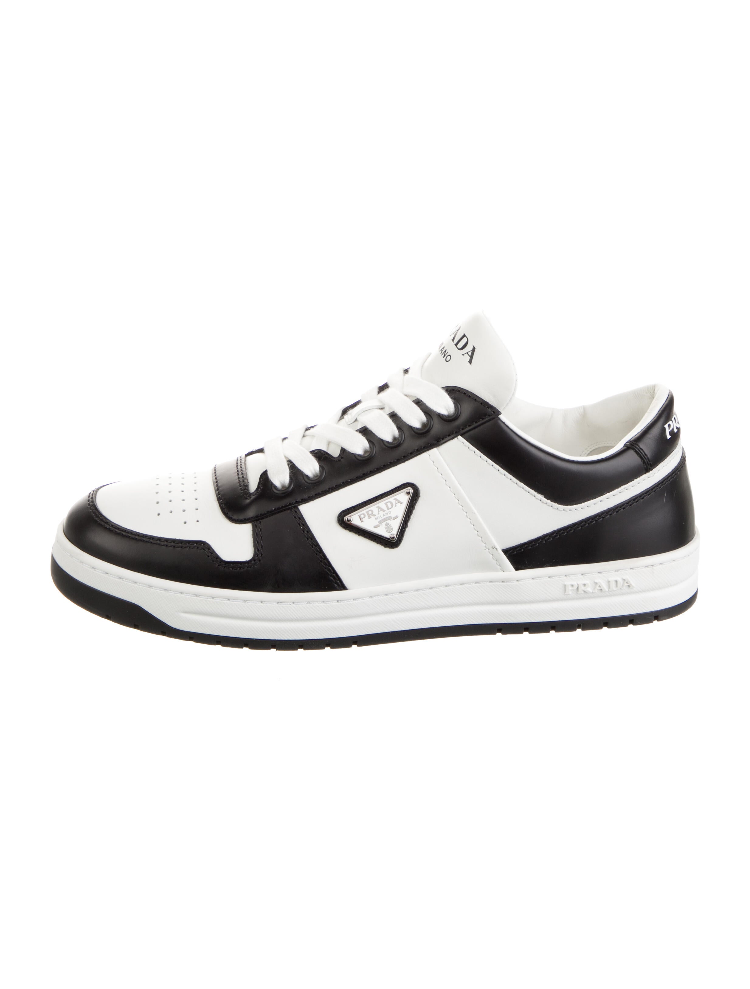 Prada Enameled Metal Triangle Leather Sneakers