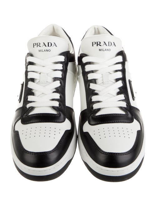 Prada Enameled Metal Triangle Leather Sneakers