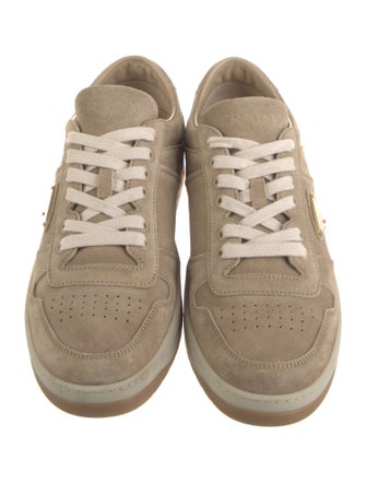 Prada Enameled Metal Triangle Suede Sneakers