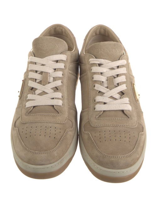 Prada Enameled Metal Triangle Suede Sneakers