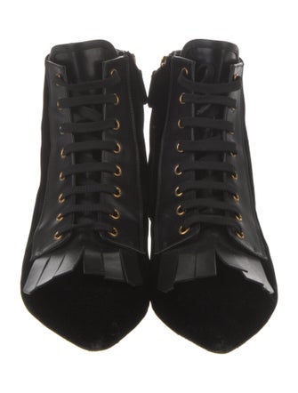 Prada Velvet Fringe Trim Accent Lace-Up Boots