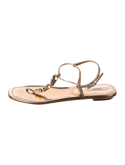 Prada Leather Crystal Embellishments T-Strap Sandals