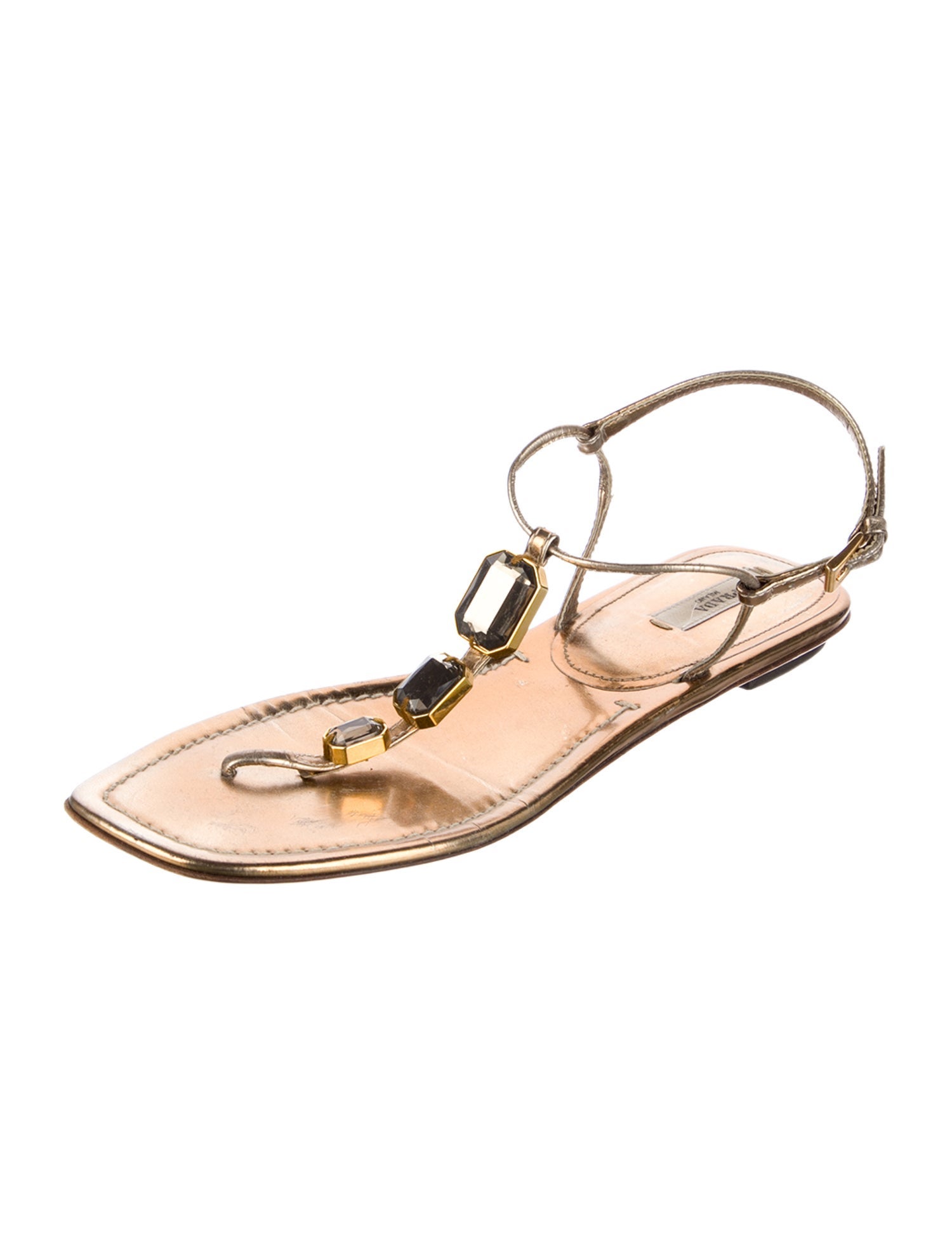 Prada Leather Crystal Embellishments T-Strap Sandals