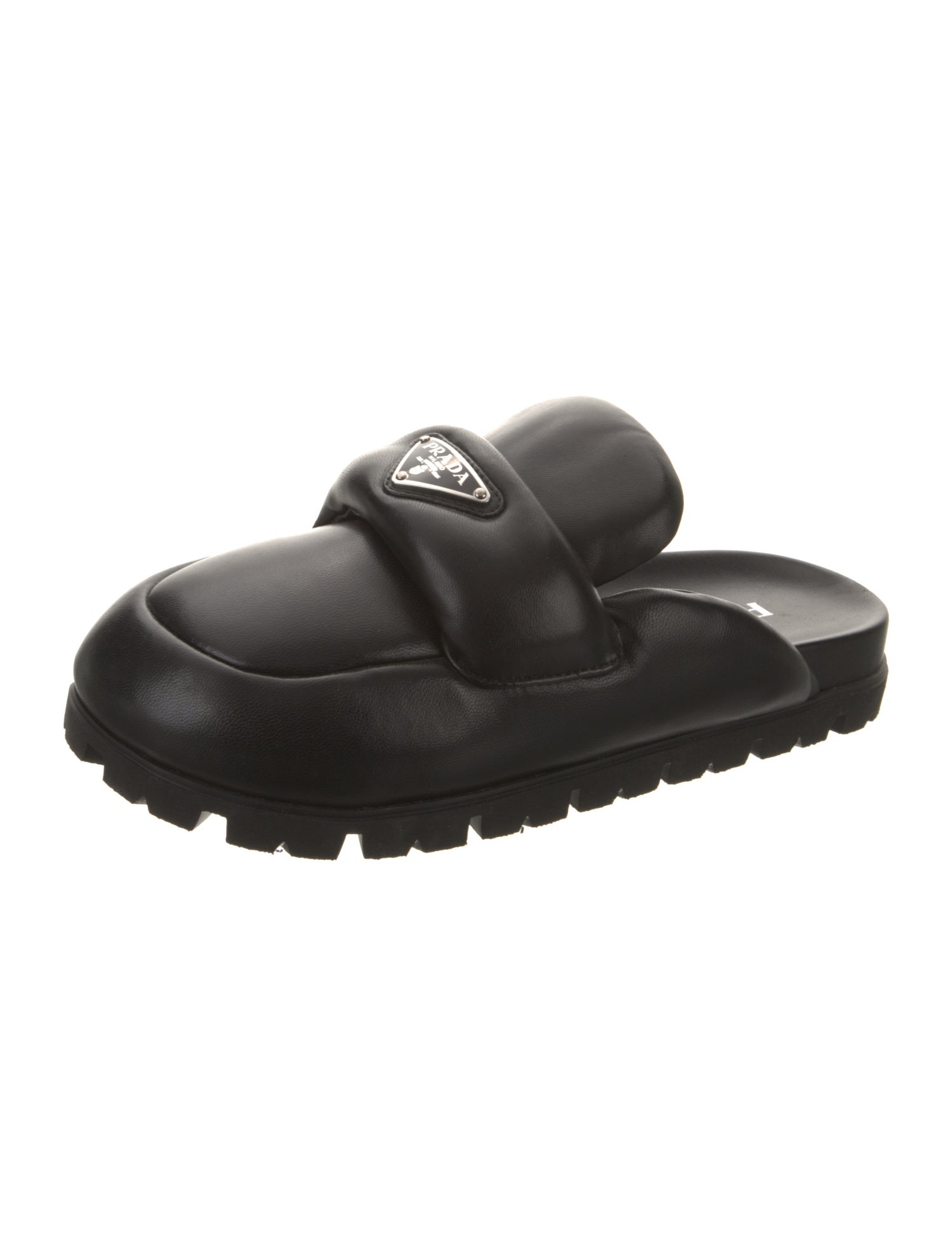 Prada Enameled Metal Triangle Leather Mules