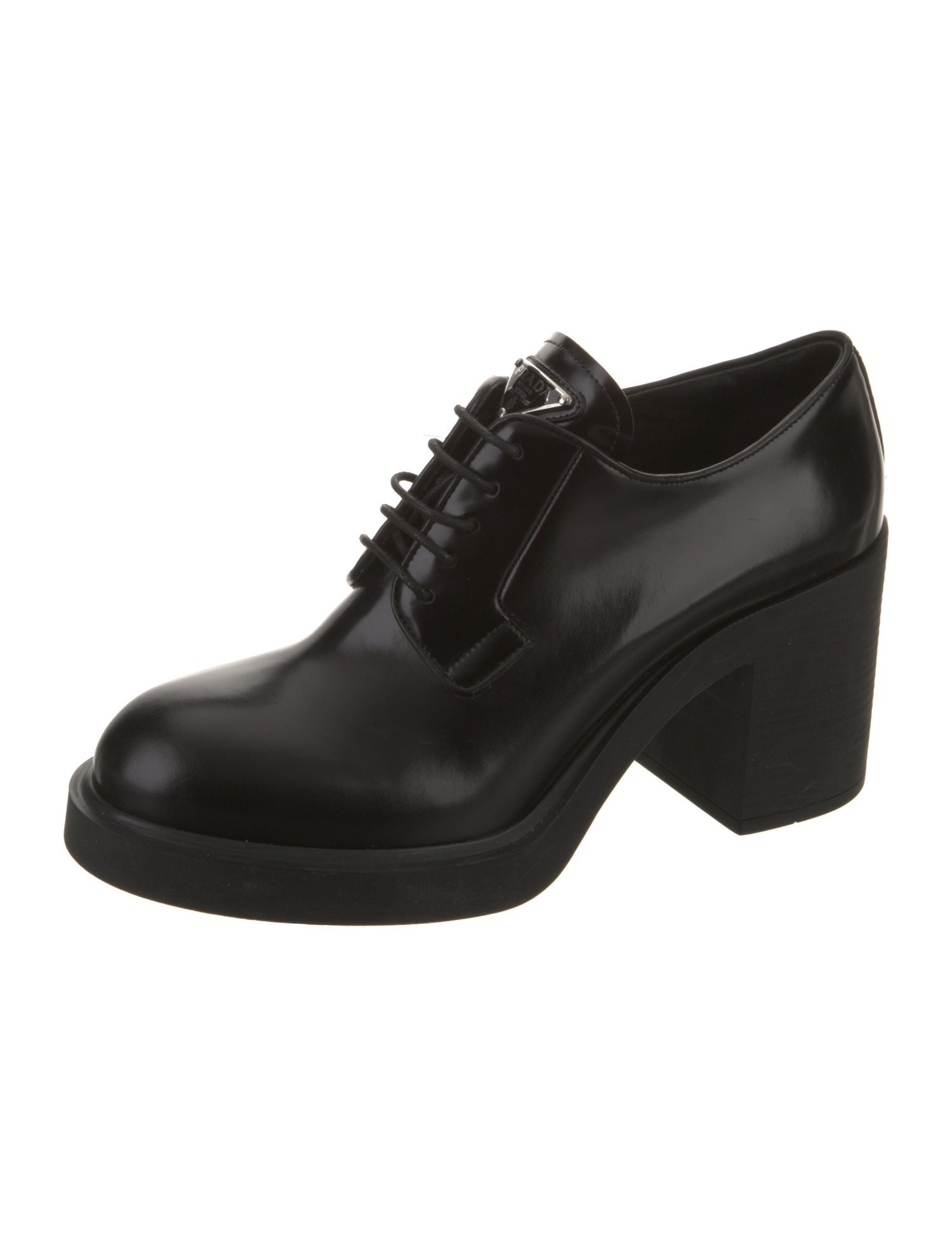 Prada Enameled Metal Triangle Patent Leather Pumps