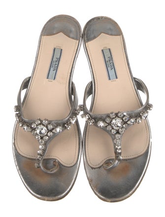 Prada Leather Crystal Embellishments Slides