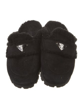 Prada Enameled Metal Triangle Suede Mules