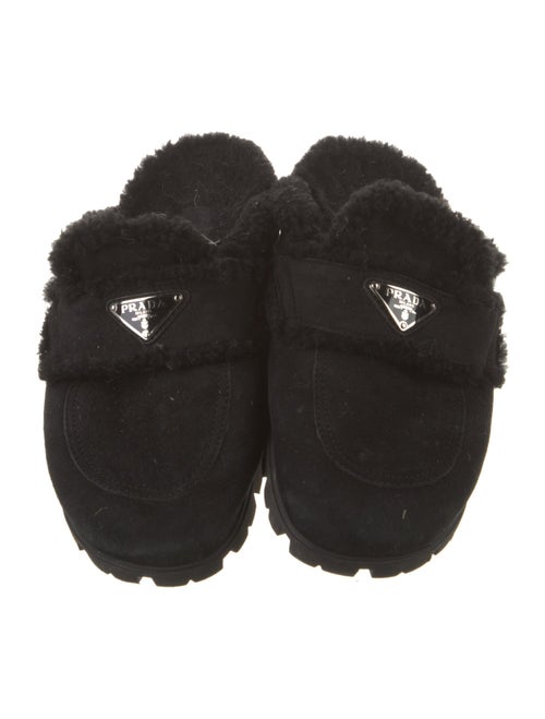 Prada Enameled Metal Triangle Suede Mules