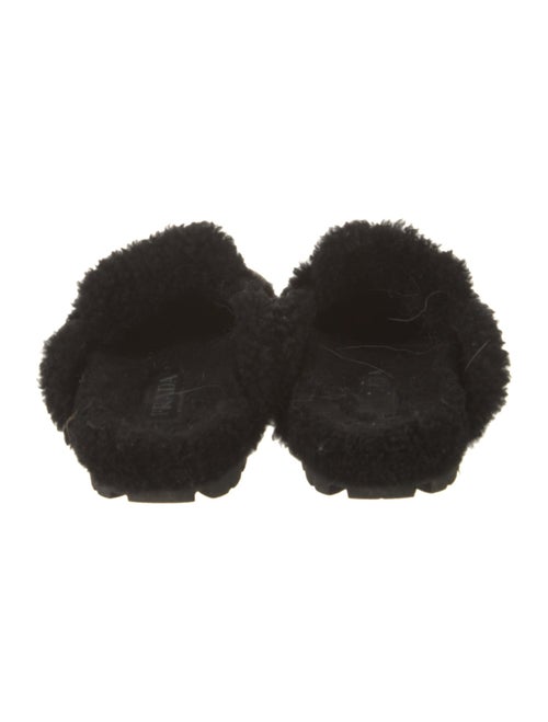 Prada Enameled Metal Triangle Suede Mules