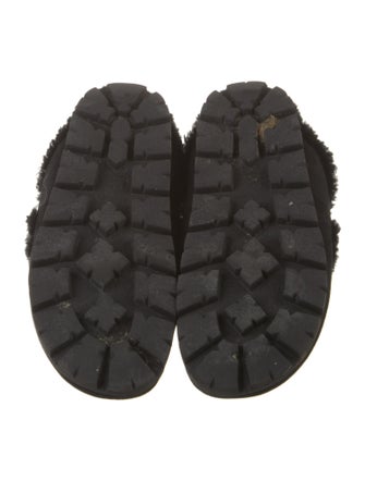 Prada Enameled Metal Triangle Suede Mules