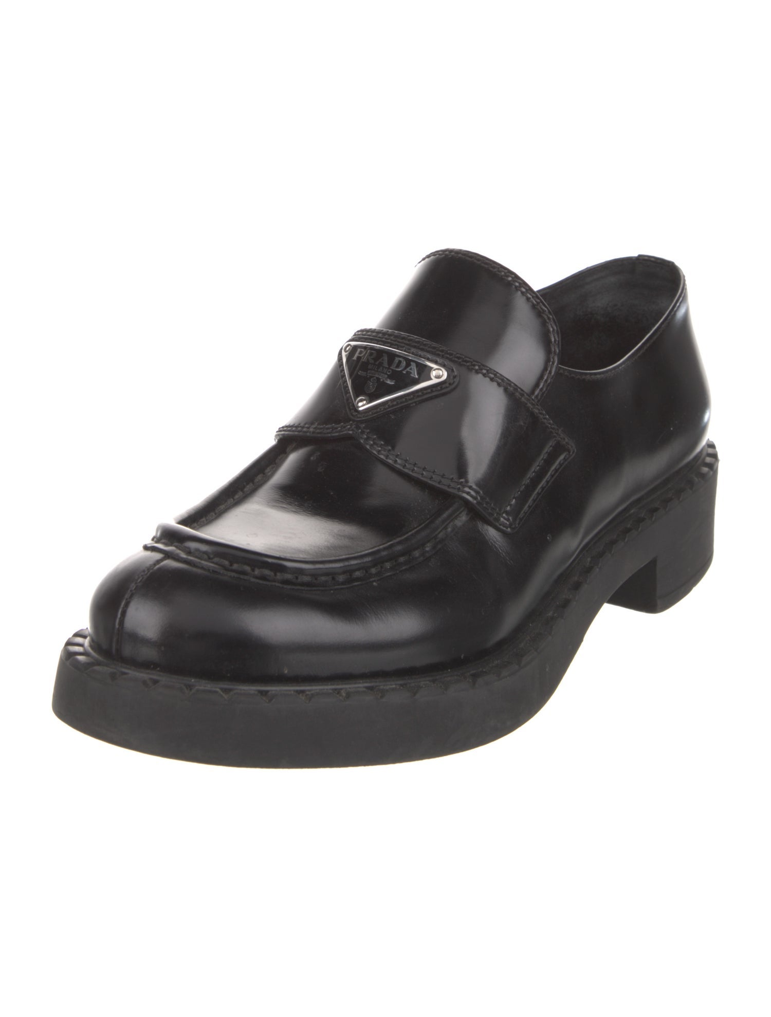Prada Enameled Metal Triangle Leather Oxfords