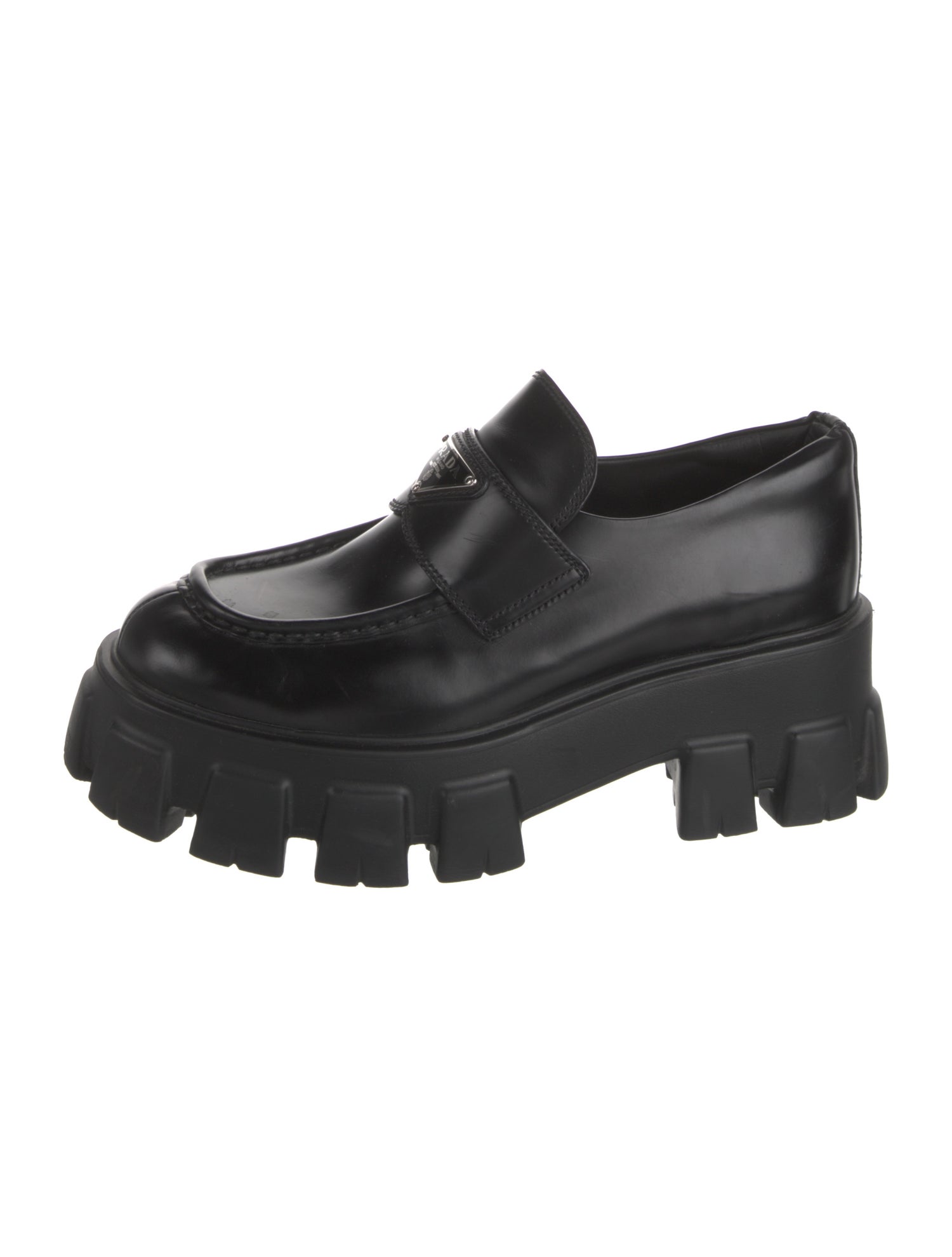 Prada Monolith Enameled Metal Triangle Oxfords