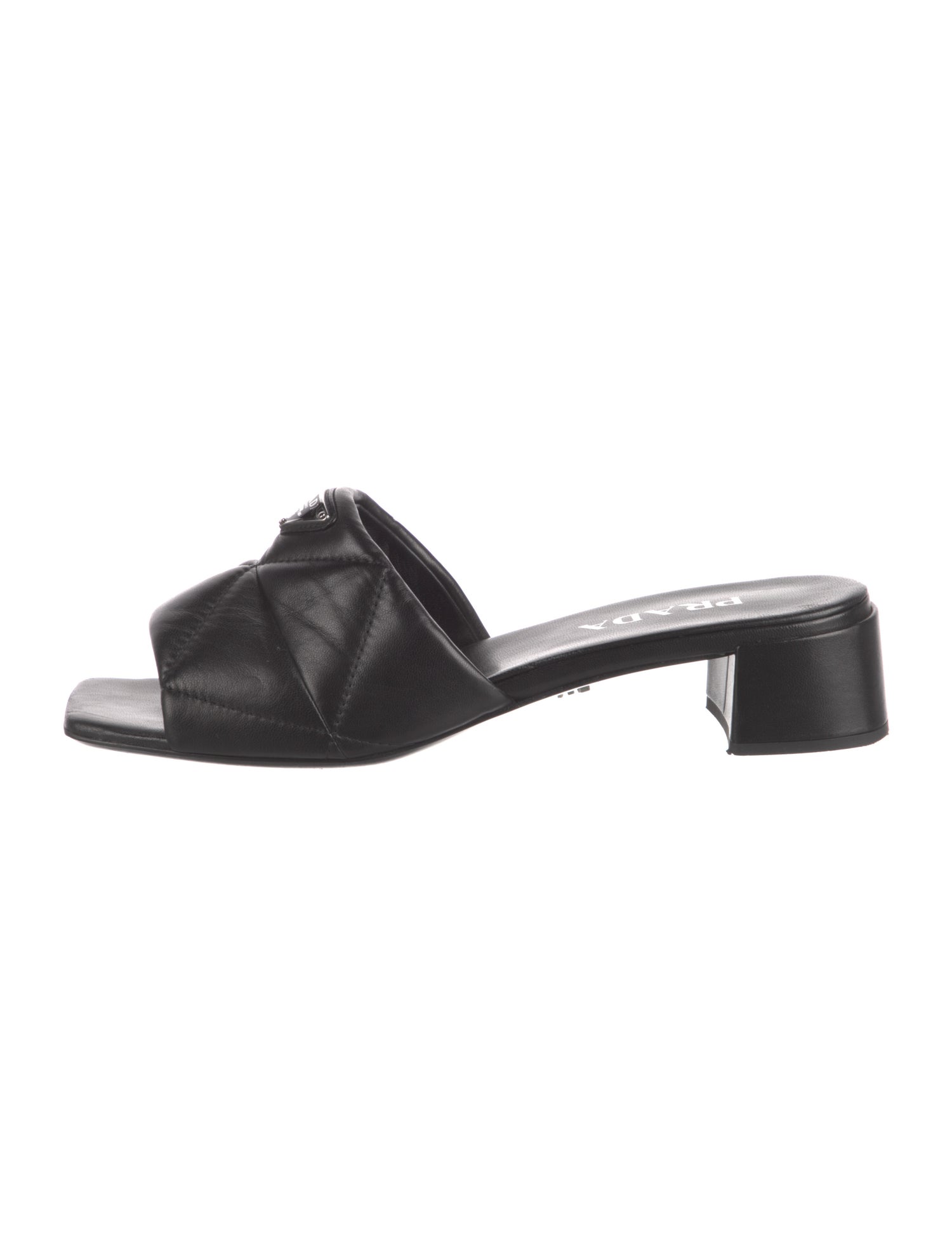 Prada Enameled Metal Triangle Leather Slides