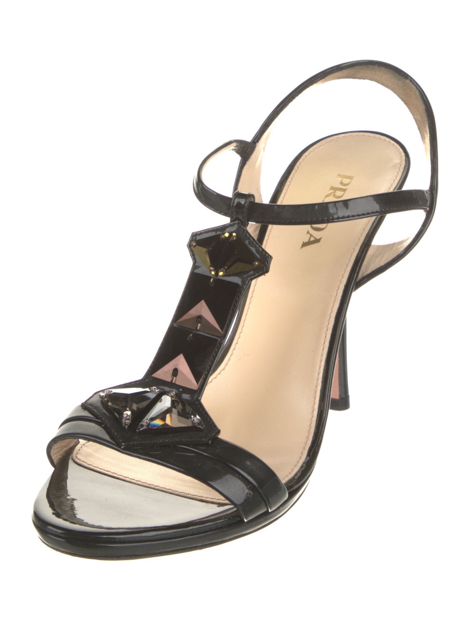 Prada Patent Leather Crystal Embellishments T-Strap Sandals