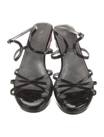 Prada Patent Leather Leather Trim Embellishment Sandals