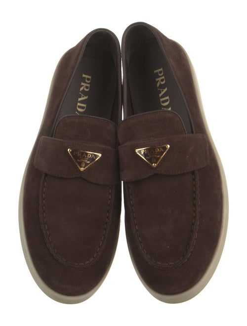 Prada Enameled Metal Triangle Suede Loafers