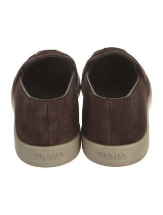 Prada Enameled Metal Triangle Suede Loafers