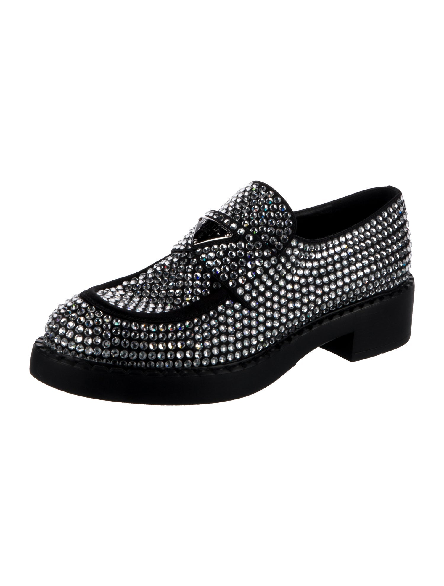 Prada Enameled Metal Triangle Crystal Oxfords