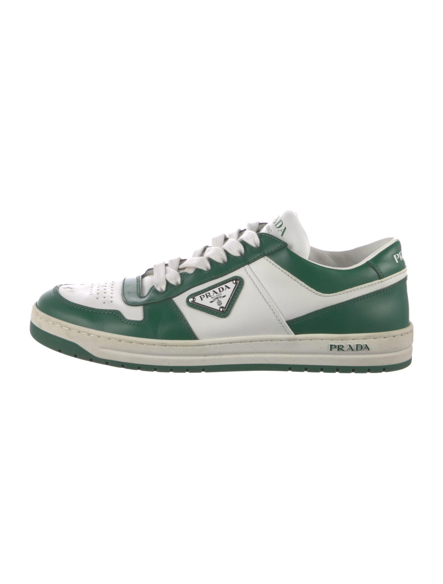 Prada Enameled Metal Triangle Leather Sneakers