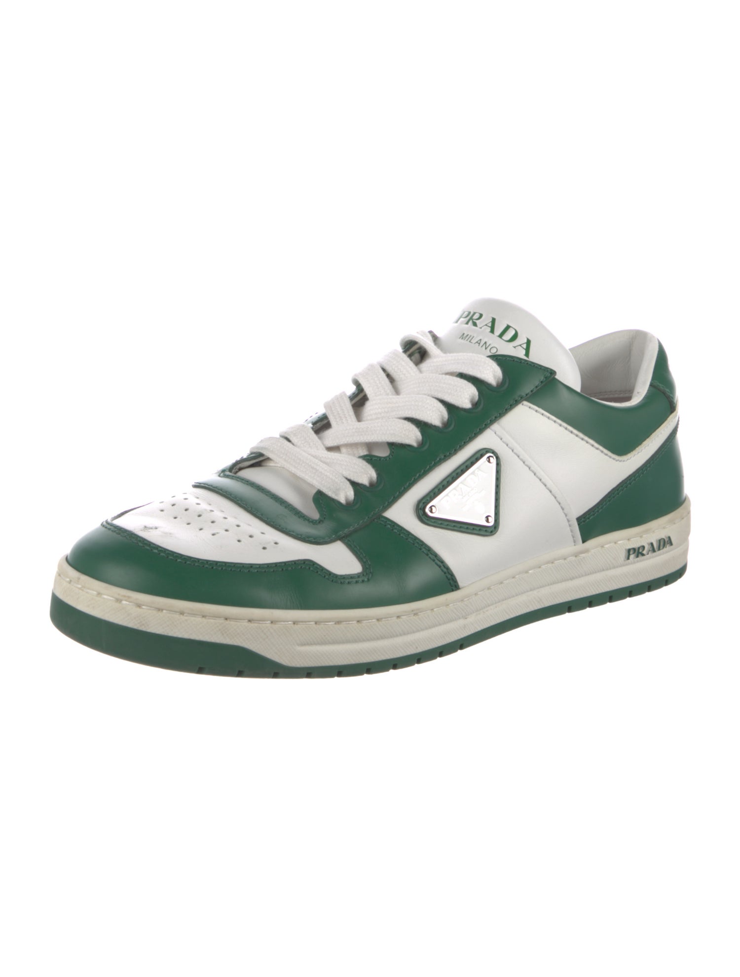 Prada Enameled Metal Triangle Leather Sneakers