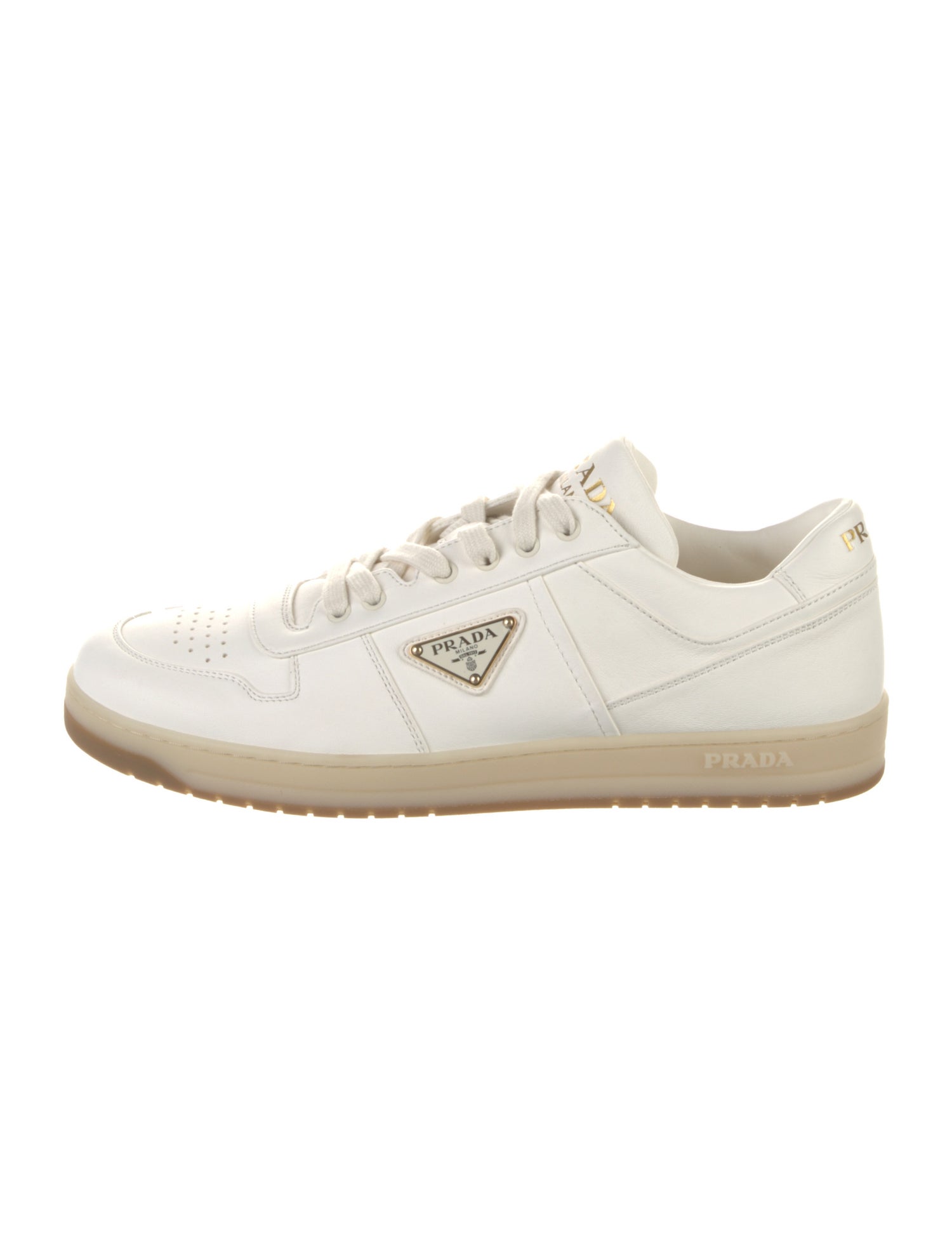 Prada Enameled Metal Triangle Leather Sneakers