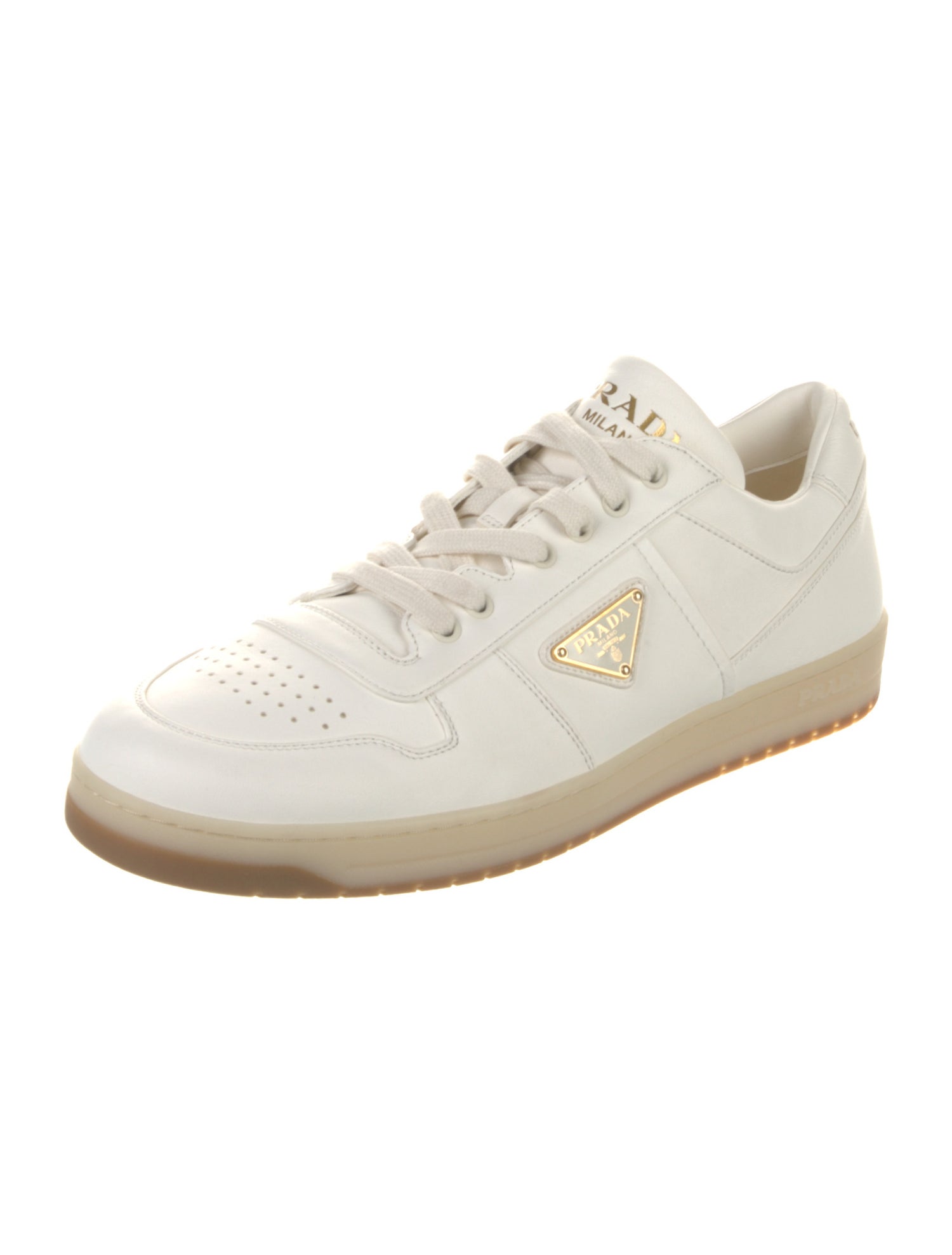 Prada Enameled Metal Triangle Leather Sneakers