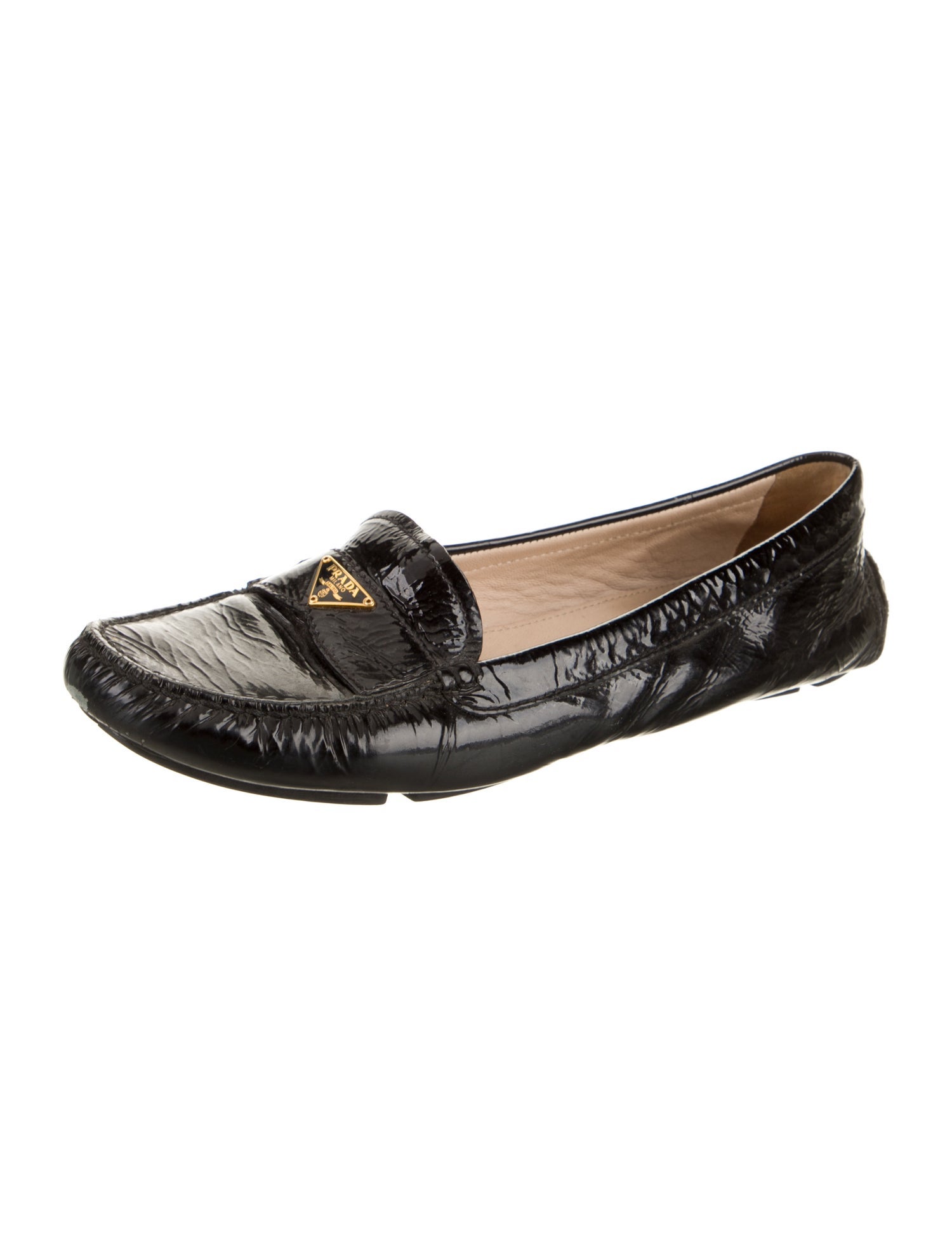 Prada Enameled Metal Triangle Patent Leather Loafers