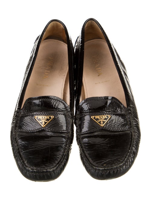 Prada Enameled Metal Triangle Patent Leather Loafers