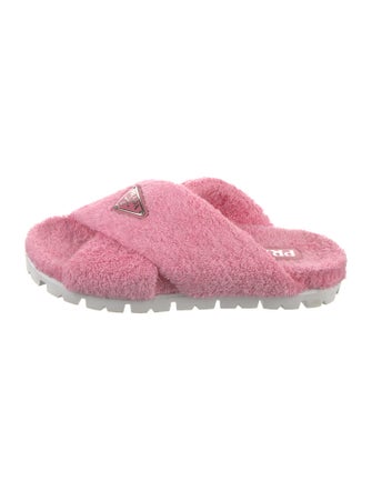 Prada Enameled Metal Triangle Terry Cloth Slides