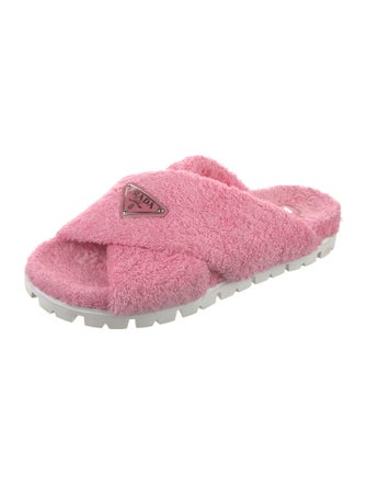 Prada Enameled Metal Triangle Terry Cloth Slides
