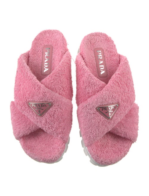 Prada Enameled Metal Triangle Terry Cloth Slides