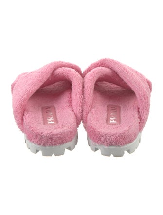 Prada Enameled Metal Triangle Terry Cloth Slides