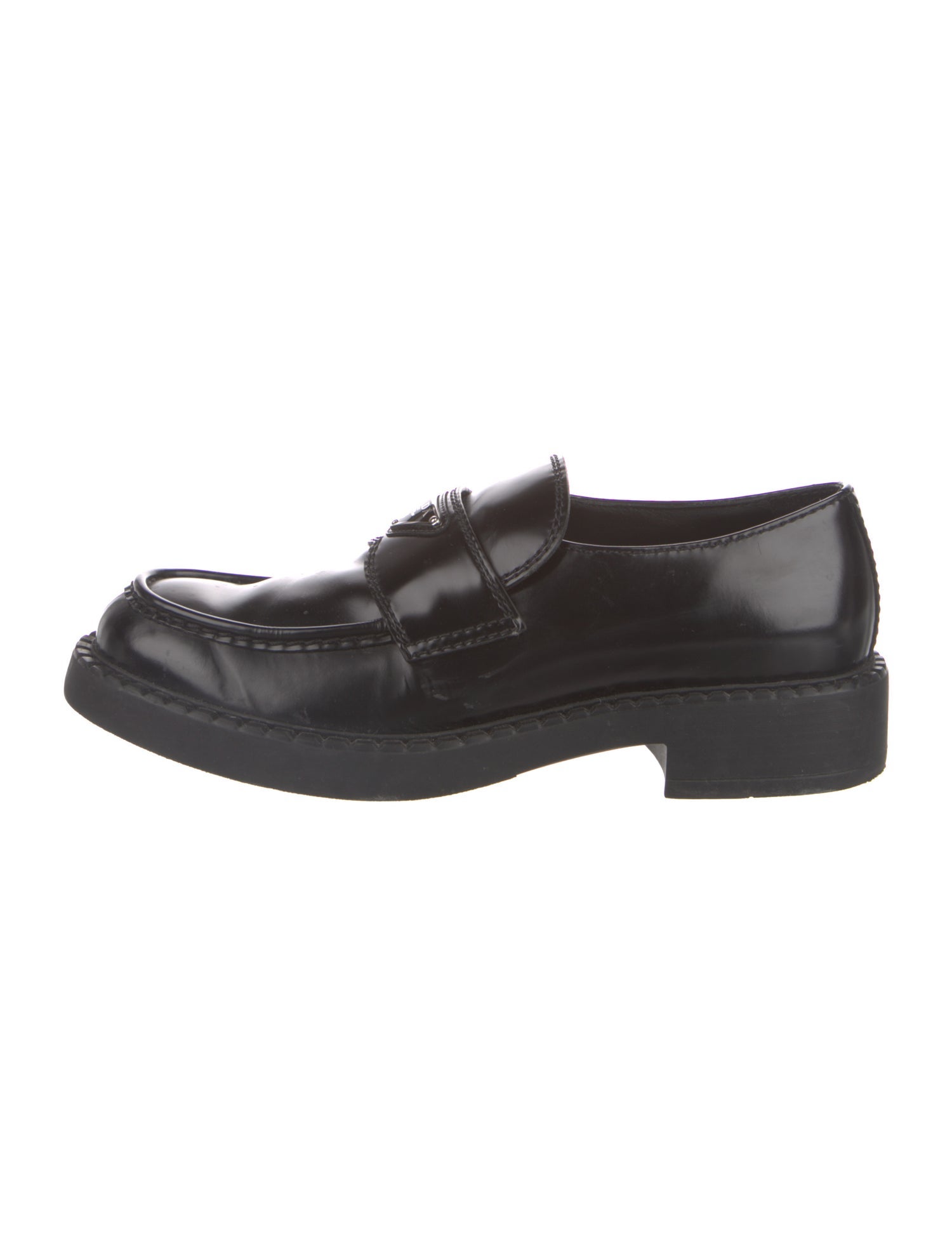 Prada Enameled Metal Triangle Patent Leather Dress Loafers