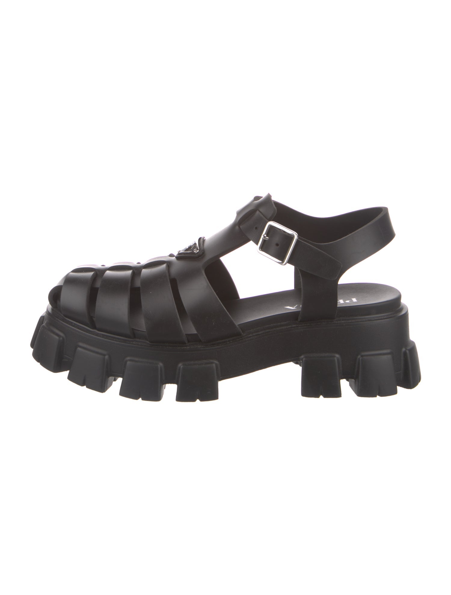 Prada Enameled Metal Triangle Rubber Sandals